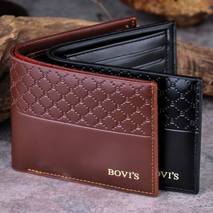 Detailed close-up of BOVI'S men's bi-fold wallets in classic brown and black leather