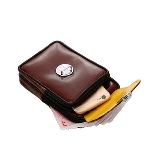 Men's dark brown PU leather waist bag with dual compartments and golden metal buckle