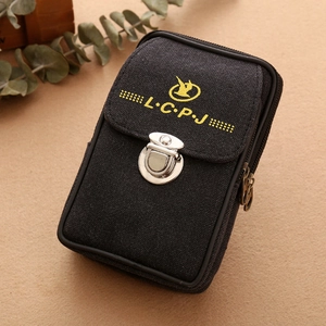Black canvas waist bag with yellow bird embroidery and metal buckle for mobile phone