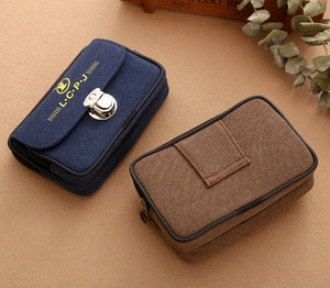Detail of durable canvas waist bag with metal buckle and belt loop structure