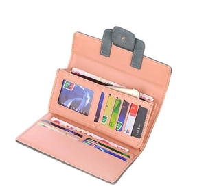 Women's pink and blue long bifold wallet with lychee texture and multi-card slots