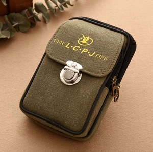 Olive green canvas men's belt bag with dual zippers and durable metal buckle