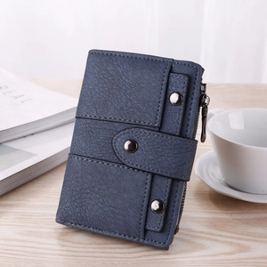 Retro matte short trifold wallet for women in vintage blue grey with metal snap closure