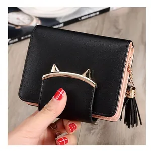 Women Cute Cat Ears Short PU Leather Wallet Tassel Zipper Coin Purse Small Casual Student Clutch Card Holder For Daily Life