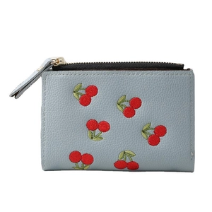 Short faux leather cherry embroidered wallet for women with zipper and blue finish