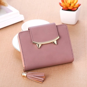 Short minimalist faux leather wallet in dusty rose with cute cat ear clasp and tassel