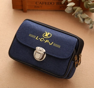 Durable navy canvas waist bag with metal buckle and L.C.P.J logo for outdoor activities