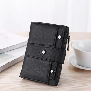 Short vintage frosted black leather wallet for women with silver rivets and side zipper