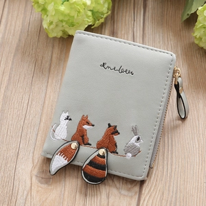 Short grey PU leather wallet featuring cute animal embroidery and charm pendants