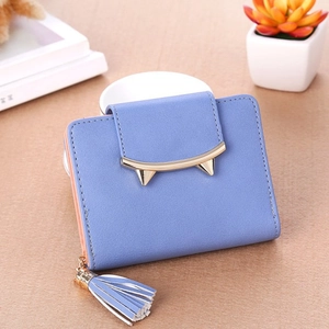 Short sky blue leather wallet with golden cat ear buckle and tassel in a 45-degree view