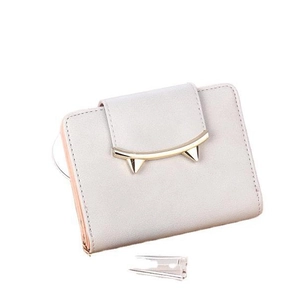 Short grey PU leather folding wallet for women with cute silver cat ear metal decoration