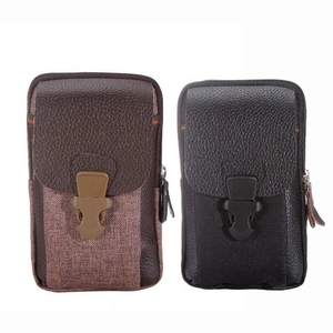 Dual-zipper PU leather men's belt pouch for 6.5-inch phones in black and coffee colors