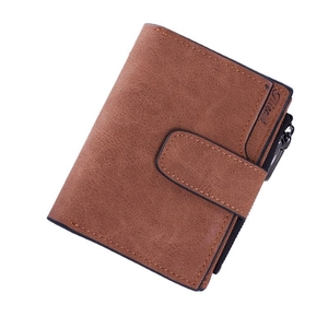 Short brown textured leather wallet with metal zipper and buckle clasp on white background