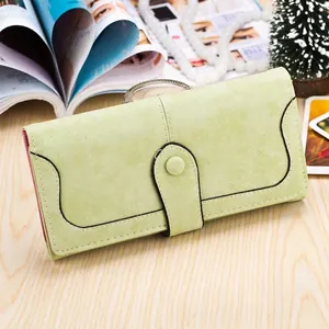 Long women's wallet in light green frosted leather with wavy black trim and flap closure