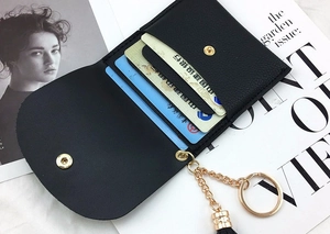 Detail of black pebbled leather card holder with gold hardware, tassels, and multi-slots
