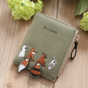 Cute Animal Embroidery Short Wallet For Women PU Leather Bifold Coin Purse With Tail Pendant Student Mini Folder