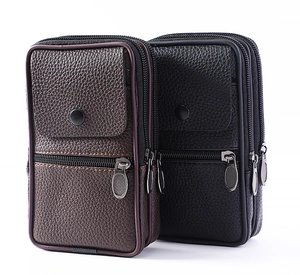 Vertical PU leather men waist phone pouches in brown and black with triple zippers
