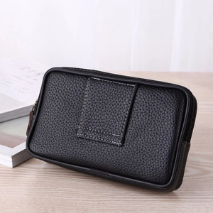 Men's double layer black litchi leather waist bag with zipper for 6.5 inch phones