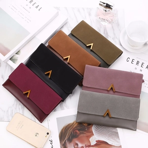Detailed flat lay of matte leather long wallets for women with elegant metal V-buckle accent