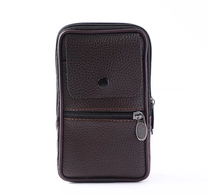 Vertical men's PU leather waist bag with zipper pockets and lychee grain in dark brown