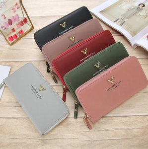 Detailed top view of multi-color litchi grain long wallets with gold deer logo