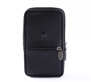 Vertical black lychee-textured PU leather belt pouch for men with three zip pockets