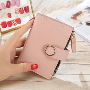 Women PU Leather Short Wallet Solid Color Small Card Holder Korean Style Handbag With Metal Ring Magnetic Buckle Purse