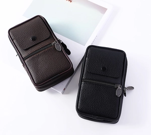 Close-up of men's vertical phone belt pouches in black and brown litchi grain leather
