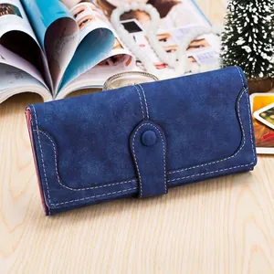 Long frosted navy blue wallet for women with contrast stitching and buckle