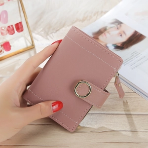 Pink PU leather short wallet for women featuring a stylish gold ring buckle and zipper