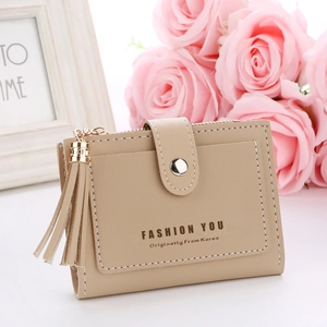 Short khaki PU leather wallet for women with letter buckle and golden tassel decor