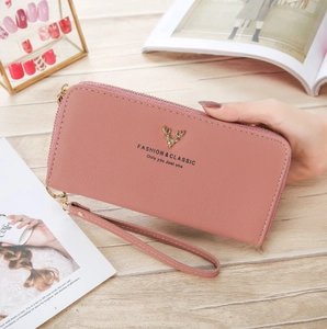 Pink lychee texture long wallet for women with golden deer head metal decor and wristlet