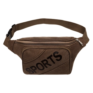 Brown oxford canvas sports waist bag with multi-layer zippers and adjustable strap