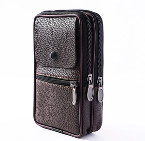 Vertical men's PU leather waist bag with three zippers and front flap in dark brown color
