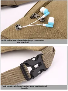 Détails du sac banane en toile avec port pour écouteurs en métal et boucle renforcée