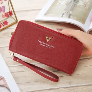 Fashion Women Long Zipper Wallet PU Leather Litchi Pattern Gold Deer Head Decor Large Capacity Handbag Clutch Phone Bag