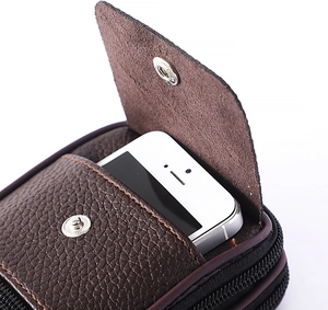 Detail of dark brown lychee leather phone pouch with magnetic flap and zipper