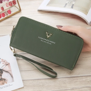 Dark green leather long wallet for women with golden deer head logo and wrist strap