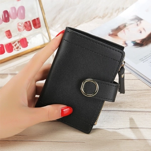 Mini black PU leather wallet for women with golden ring buckle and compact flap design