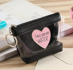 Porte-monnaie Transparent pour Femmes Imprimé Cœur Fermeture Éclair Style Gelée Douce Petit Portefeuille Cuir PU Avec Porte-clés