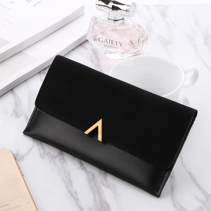 Elegant black tri-fold long wallet for women with matte texture and gold V-shaped metal hardware