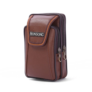 Close-up of brown leather vertical phone pouch with double zippers and metal logo