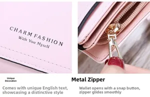 Detail of pink PU leather wallet showing gold zipper and embossed brand lettering