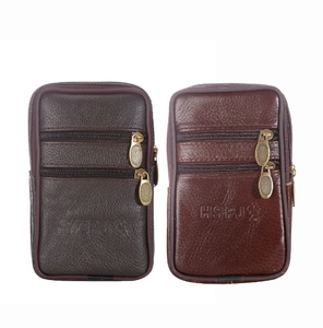 Close-up of dual-zipper genuine leather belt pouches in brown and coffee colors
