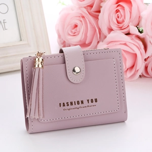 Women's Short PU Leather Wallet Korean Style Letter Print Tassel Bifold Small Coin Purse With Magnetic Snap Closure Gift