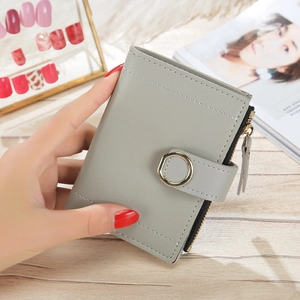 Minimalist short grey PU leather women's wallet with golden buckle and zipper pocket