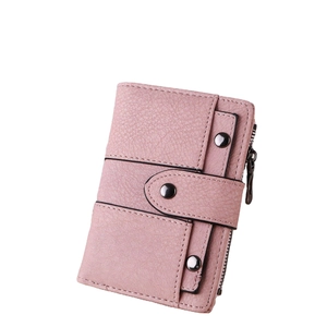 Pink matte short tri-fold wallet for women with rivet buckle and zipper detail