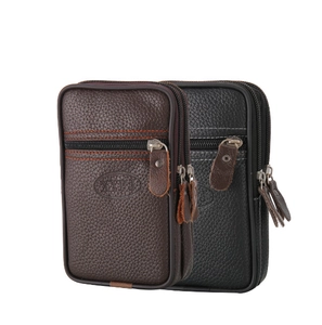 Vertical business waist bag for men in black and brown lychee grain faux leather