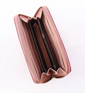 Internal layout of pink-purple long wallet showing multiple card slots and zipper pocket