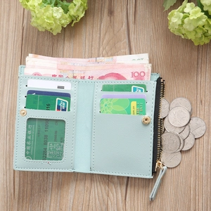 Internal layout of light blue mini wallet with card slots, coin pocket and photo window